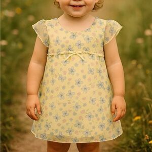 Vintage Zoey Toddler Girls Dress 3T Yellow Chiffon Overlay Butterfly Floral USA